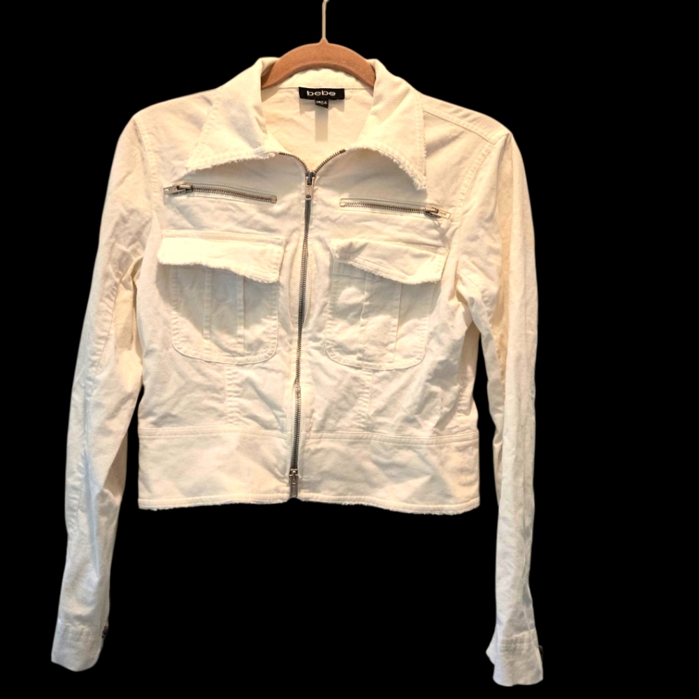 Vintage Y2K Bebe Jacket M White Silver Full Zip Pockets Collared Frayed Hem Crop